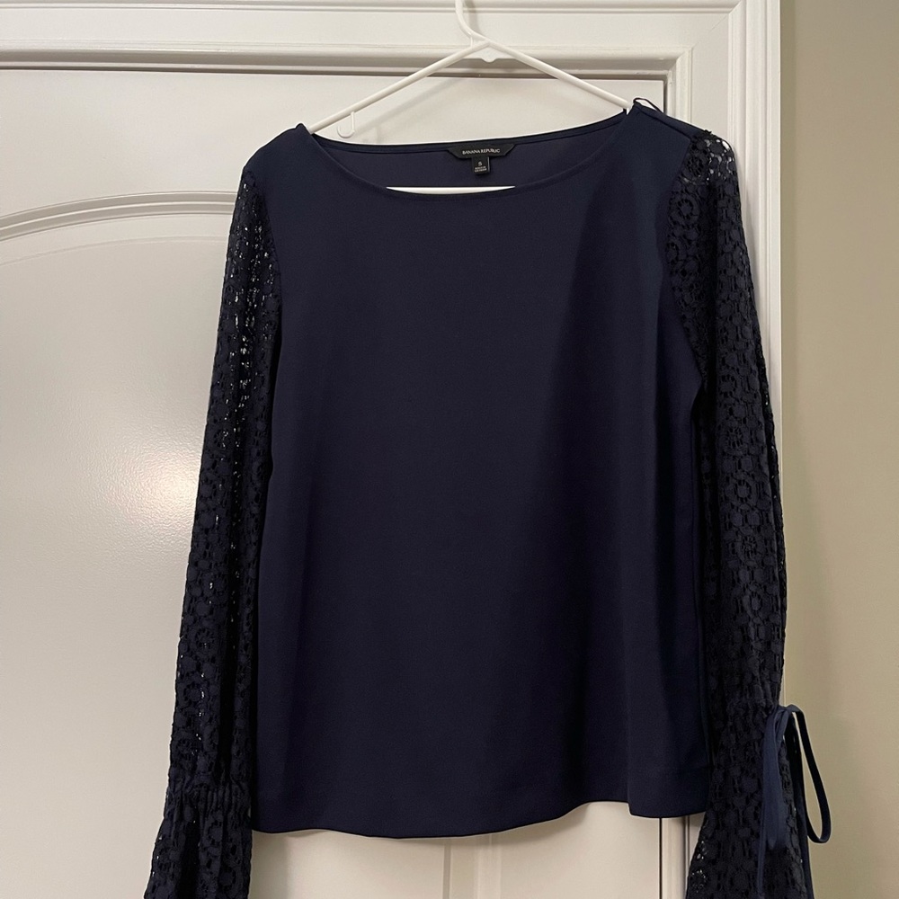Beautiful balloon lace sleeve blue blouse